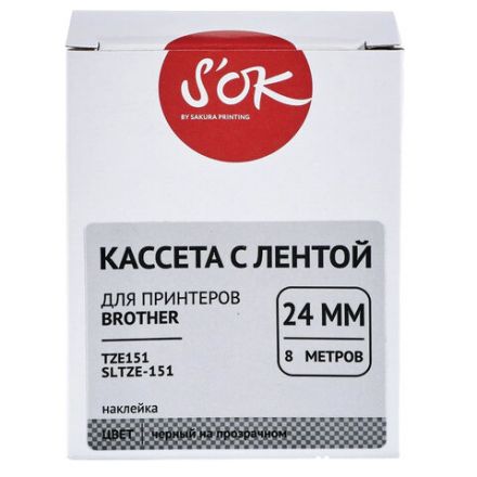 Картридж для принтеров этикеток BROTHER SAKURA S'OK TZE151, 24 мм x 8 м, чёрный шрифт, прозрачный фон, 1711532