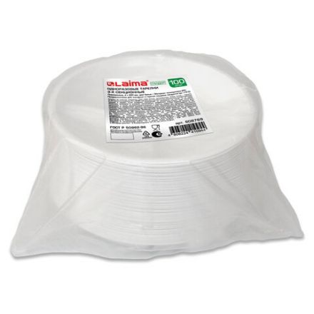 Одноразовые тарелки 3-х секционные КОМПЛЕКТ 100 шт. 220 мм, белые, ПП, холодное/горячее, LAIMA СТАНДАРТ, 608769