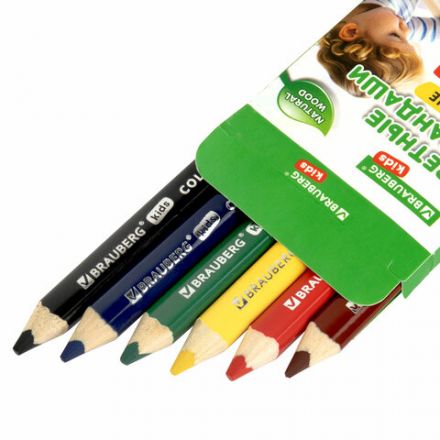 Карандаши цветные толстые для малышей 6 цветов, трехгранные, натуральное дерево, BRAUBERG KIDS, 182057 Карандаши цветные толстые для малышей 6 цветов, трехгранные, натуральное дерево, BRAUBERG KIDS, 182057