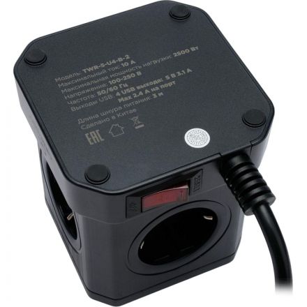 Сетевой фильтр Cablexpert Tower 5р/3м, 10А, 4хUSB, черный(TWR-5-U4-B-3)