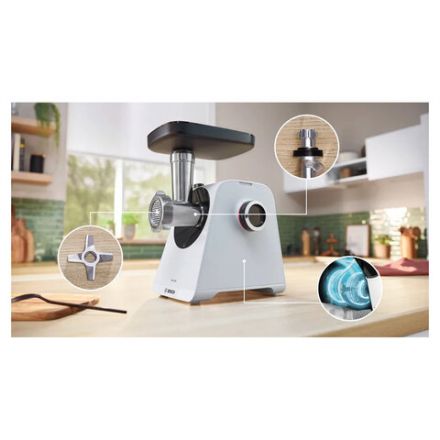 Мясорубка BOSCH MFWS420W, мощность 1900 Вт, производительность 2,5 кг/мин, металлический шнек, реверс Мясорубка BOSCH MFWS420W, мощность 1900 Вт, производительность 2,5 кг/мин, металлический шнек, реверс