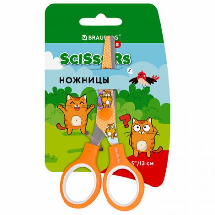 Ножницы 130 мм оранжевые, с цветной печатью "Котики", закругленные, BRAUBERG KIDS, 238351 Ножницы 130 мм оранжевые, с цветной печатью "Котики", закругленные, BRAUBERG KIDS, 238351