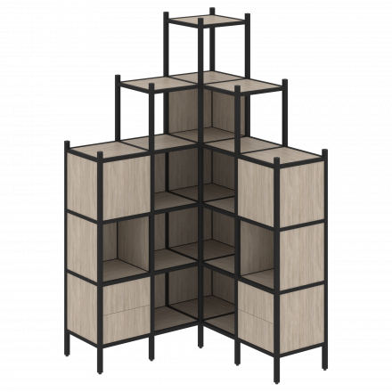 Loft Угловой внутренний стеллаж наборный VR.L-45 Дуб аттик/Чёрный металл 1278*1278*2280