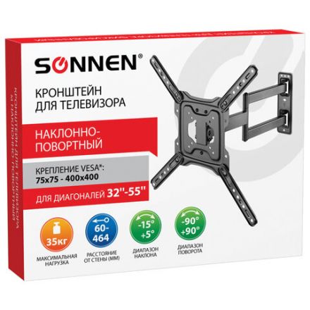 Кронштейн-крепление для ТВ настенный, до 35 кг. VESA 75х75-400х400, 32"-55", черный, SONNEN, 455946 Кронштейн-крепление для ТВ настенный, до 35 кг. VESA 75х75-400х400, 32"-55", черный, SONNEN, 455946
