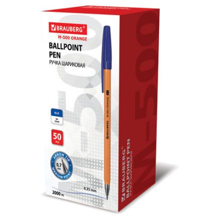 Ручка шариковая BRAUBERG "M-500 ORANGE", СИНЯЯ, корпус оранжевый, узел 0,7 мм, линия письма 0,35 мм, 143448