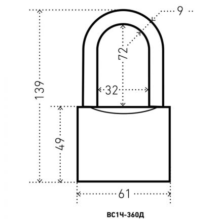 Замок навесной УЗК Аллюр ВС1Ч-360Д (61xd=9x72) чугун серый (дл.дуж/5кл)