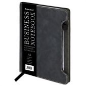 Блокнот А5 165x218 мм, BRAUBERG "Perfect", под кожу софт-тач, держатель для ручки, 80 листов, клетка, черный, 116614