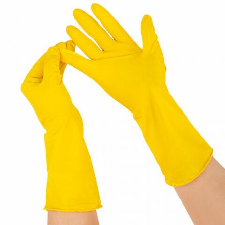 Перчатки МНОГОРАЗОВЫЕ латексные с хлопчатобумажным напылением, размер 8-9, L (большой), вес 57 г, желтые, KOMFI, DGL026P