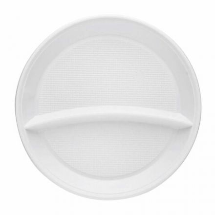 Одноразовые тарелки 2-х секционные КОМПЛЕКТ 100 шт. 210 мм, белые, ПС, холодное/горячее, LAIMA БЮДЖЕТ, 608770