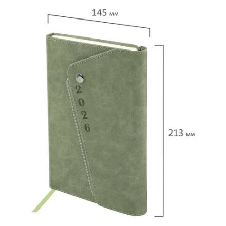Ежедневник датированный 2026, А5, 145х213 мм, BRAUBERG "Jacket", под кожу, клапан, держатель, зеленый, 117402
