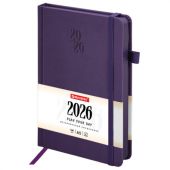 Ежедневник датированный 2026, А5, 138х213 мм, BRAUBERG "Plain", под кожу, резинка, держатель для ручки, фиолетовый, 117509