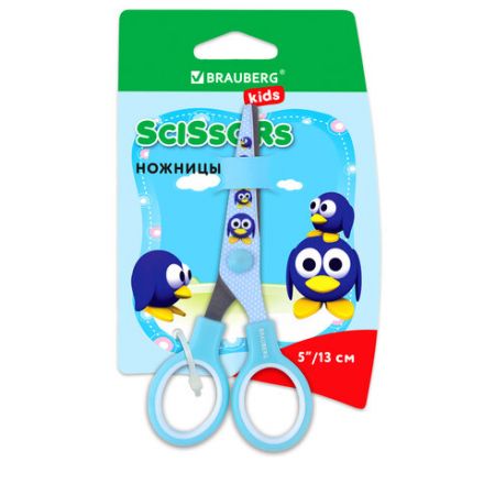 Ножницы 130 мм с цветной печатью "Пингвины", голубые, закругленные, BRAUBERG KIDS, 232271 Ножницы 130 мм с цветной печатью "Пингвины", голубые, закругленные, BRAUBERG KIDS, 232271