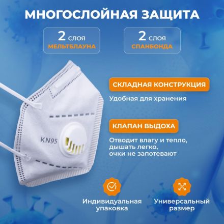 Респиратор (полумаска) с кл FFP2 12ПДК, Р-КН95-2-01, 10шт/уп