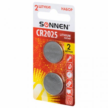 Батарейки литиевые SONNEN Lithium CR2025, "таблетки, дисковые, кнопочные", КОМПЛЕКТ 2 шт., блистер, 457139