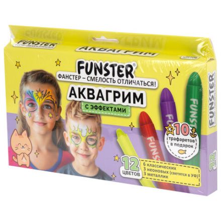 Аквагрим для лица и тела, 12 цветов (6 классических + 3 неон + 3 метал), 10 трафаретов, FUNSTER (ФАНСТЕР), 192575