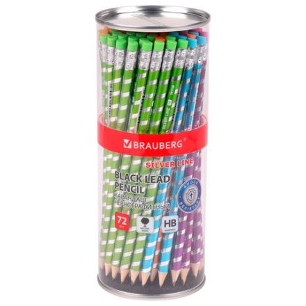 Карандаш чернографитный BRAUBERG "SILVER LINE", 1 шт., HB, с ластиком, корпус ассорти, 181749