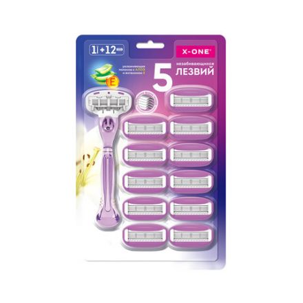 Бритвенный станок многоразовый женский, 5 лезвий, 12 кассет, плавающая головка, X-ONE, 700021