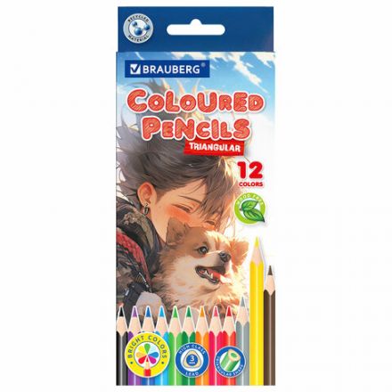 Карандаши цветные "АССОРТИ 8 ДИЗАЙНОВ 3-10 лет", 12 цветов, трехгранные, BRAUBERG, 182055