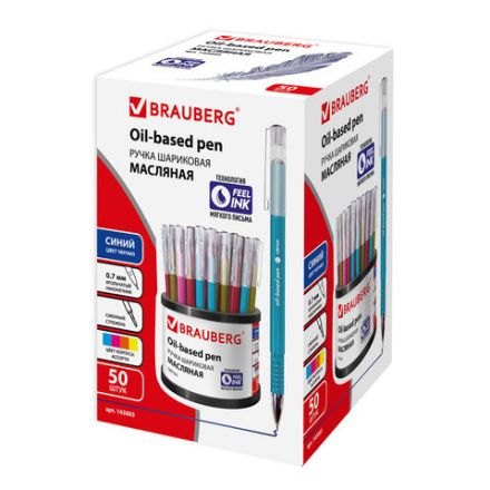 Ручка шариковая масляная BRAUBERG "ONE MOMENT COLOR", СИНЯЯ, корпус ассорти, В ДИСПЛЕЕ, игольчатый узел 0,7 мм, линия письма 0,35 мм, 143003