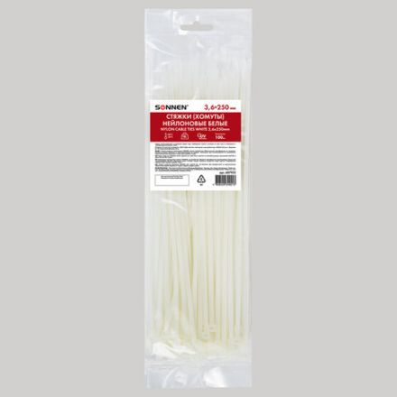 Стяжка (хомут) нейлоновая сверхпрочная POWER LOCK, 3,6x250 мм, КОМПЛЕКТ 100 шт., белая, SONNEN, 607922 Стяжка (хомут) нейлоновая сверхпрочная POWER LOCK, 3,6x250 мм, КОМПЛЕКТ 100 шт., белая, SONNEN, 607922