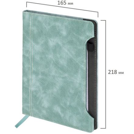 Блокнот А5 165x218 мм, BRAUBERG "Perfect", под кожу софт-тач, держатель для ручки, 80 листов, клетка, серо-голубой, 116615