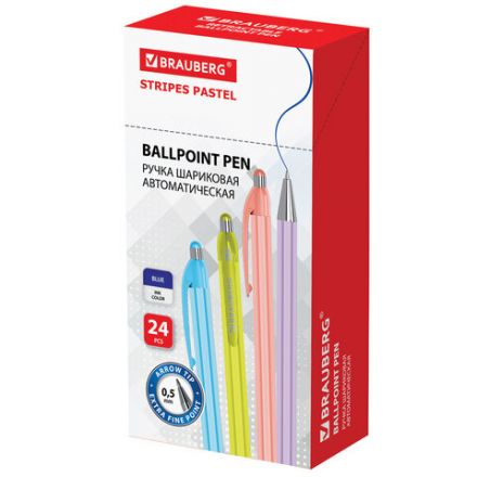 Ручка шариковая автоматическая BRAUBERG "Stripes Pastel", СИНЯЯ, корпус ассорти, пишущий узел 0,5 мм, линия письма 0,3 мм, 144220