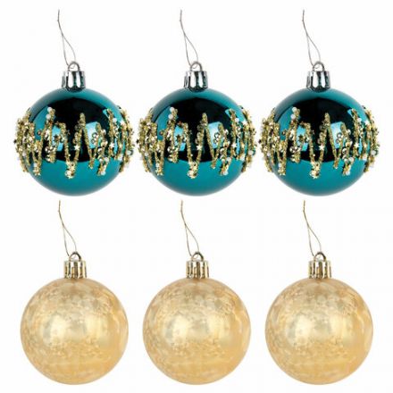 Шары ёлочные 6 шт., 6 см, "Powder Blue", бирюзовый/золото, пластик, ЗОЛОТАЯ СКАЗКА, 592178