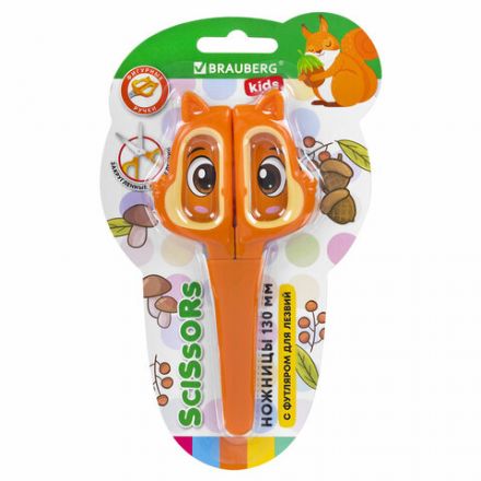 Ножницы 130 мм, фигурные рукоятки с резиновыми вставками "Белочка", с чехлом, BRAUBERG KIDS, 238353 Ножницы 130 мм, фигурные рукоятки с резиновыми вставками "Белочка", с чехлом, BRAUBERG KIDS, 238353