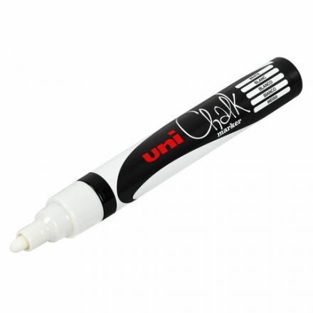 Маркер меловой UNI "Chalk", 1,8-2,5 мм, БЕЛЫЙ, влагостираемый, для гладких поверхностей, PWE-5M WHITE