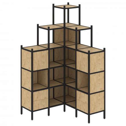 Loft Угловой внутренний стеллаж наборный VR.L-45 Тиквуд светлый/Чёрный металл 1278*1278*2280