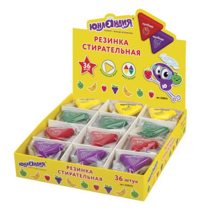 Ластик ЮНЛАНДИЯ "Трио", 35х35х10 мм, цвет ассорти, треугольный, 228072