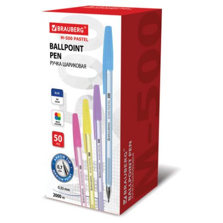 Ручка шариковая BRAUBERG "M-500 PASTEL", СИНЯЯ, корпус ассорти, узел 0,7 мм, линия письма 0,35 мм, 143450