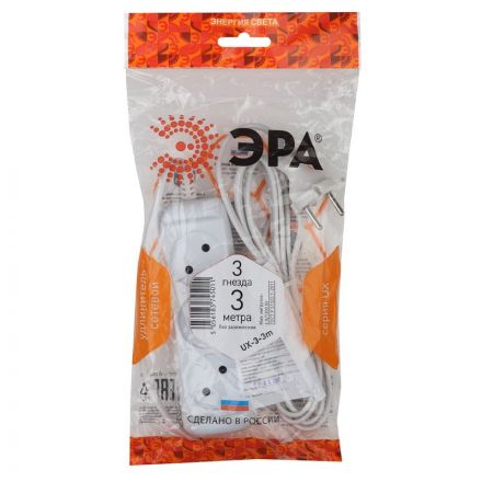 Удлинитель ЭРА, 3 роз/3м/2х0.75мм/6А/1300Вт, без заземл, белый, UX-3-3m(M)