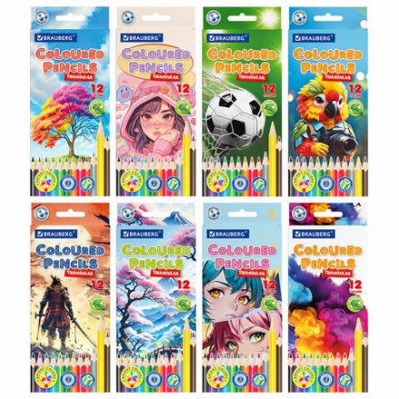 Карандаши цветные "АССОРТИ 8 ДИЗАЙНОВ 7-14 лет", 12 цветов, трехгранные, BRAUBERG, 182056