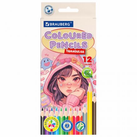 Карандаши цветные "АССОРТИ 8 ДИЗАЙНОВ 7-14 лет", 12 цветов, трехгранные, BRAUBERG, 182056