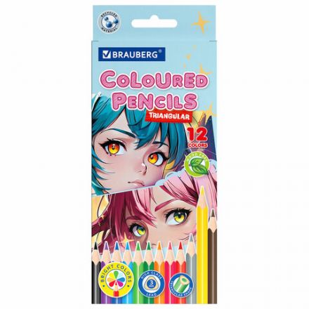 Карандаши цветные "АССОРТИ 8 ДИЗАЙНОВ 7-14 лет", 12 цветов, трехгранные, BRAUBERG, 182056