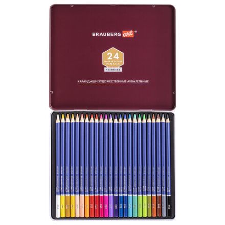 Карандаши художественные цветные акварельные BRAUBERG ART PREMIERE, 24 цвета, грифель 4 мм, металл, 181534