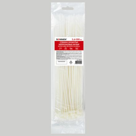 Стяжка (хомут) нейлоновая сверхпрочная POWER LOCK, 3,6x300 мм, КОМПЛЕКТ 100 шт., белая, SONNEN, 607923 Стяжка (хомут) нейлоновая сверхпрочная POWER LOCK, 3,6x300 мм, КОМПЛЕКТ 100 шт., белая, SONNEN, 607923