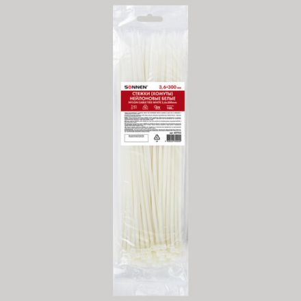 Стяжка (хомут) нейлоновая сверхпрочная POWER LOCK, 3,6x300 мм, КОМПЛЕКТ 100 шт., белая, SONNEN, 607923 Стяжка (хомут) нейлоновая сверхпрочная POWER LOCK, 3,6x300 мм, КОМПЛЕКТ 100 шт., белая, SONNEN, 607923