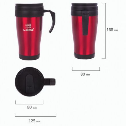 Автокружка 400 мл, термостакан с ручкой, винтовая крышка-клапан, пластик/сталь, красная, LAIMA, 605127