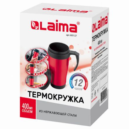 Автокружка 400 мл, термостакан с ручкой, винтовая крышка-клапан, пластик/сталь, красная, LAIMA, 605127