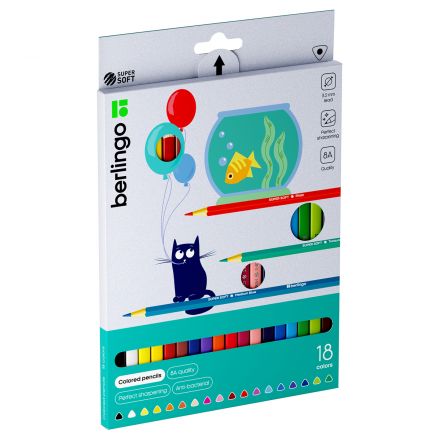 Карандаши цветные Berlingo "SuperSoft. Жил-был кот", 18цв., трехгран., заточен., картон, европодвес Карандаши цветные Berlingo "SuperSoft. Жил-был кот", 18цв., трехгран., заточен., картон, европодвес