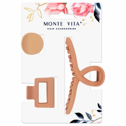 Крабы для волос НАБОР 3 шт., 4 см / 5 см / 11 см, soft touch, коричневый, MONTE VITA (МОНТЕ ВИТА), 457031