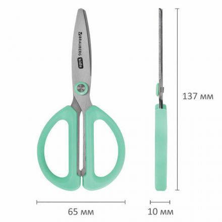 Ножницы 137 мм, резиновые рукоятки, пастельный мятный, чехол на лезвии, BRAUBERG KIDS, 238354 Ножницы 137 мм, резиновые рукоятки, пастельный мятный, чехол на лезвии, BRAUBERG KIDS, 238354