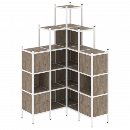 Loft Угловой внутренний стеллаж наборный VR.L-45 Тиквуд тёмный/Белый металл 1278*1278*2280