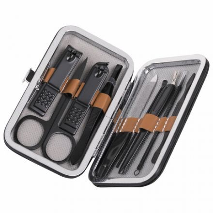 Универсальный набор для маникюра и педикюра 9 в 1 в футляре, MINI, черный карбон, блистер, WBZ (ВБЗ), 609496