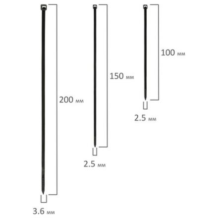 Стяжки (хомуты) нейлоновые сверхпрочные НАБОР 150 шт. (2,5х100/150 мм; 3,6х200 мм), черные, SONNEN, 607924 Стяжки (хомуты) нейлоновые сверхпрочные НАБОР 150 шт. (2,5х100/150 мм; 3,6х200 мм), черные, SONNEN, 607924