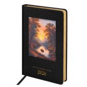 Ежедневник датированный 2026 А5 138х213 мм, BRAUBERG "ArtGallery", под кожу, нашивка, черный, 117405