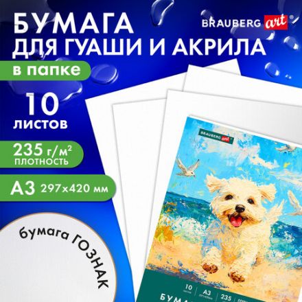 Бумага для гуаши и акрила А3 10 л., 235 г/м2, 297х420 мм, в папке, BRAUBERG ART CLASSIC, "Море", 117734