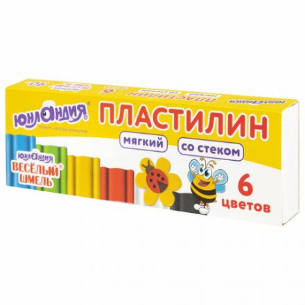 Пластилин мягкий ЮНЛАНДИЯ "ВЕСЕЛЫЙ ШМЕЛЬ", 6 цветов, 90 г, СО СТЕКОМ, 106671